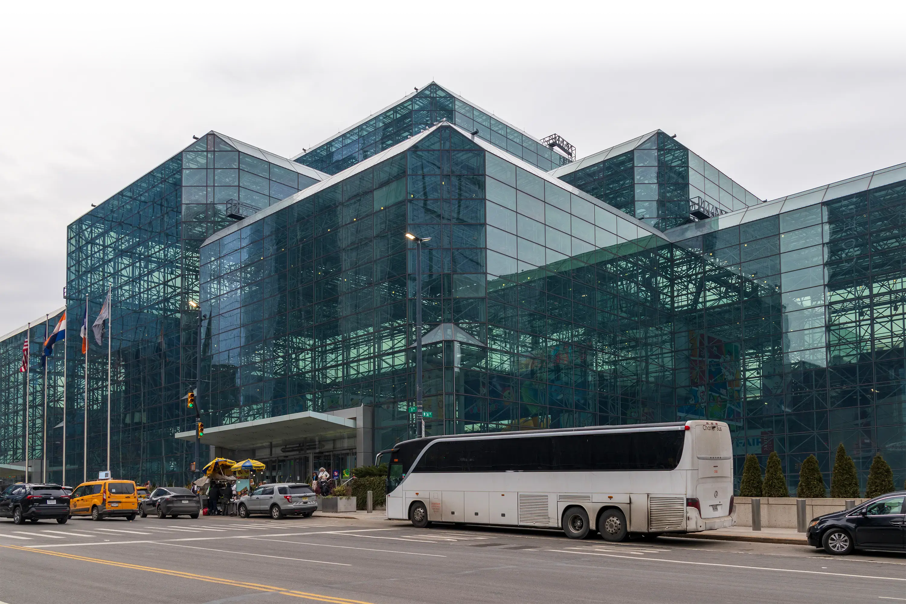 The glass facade of the Javits Center in New York City